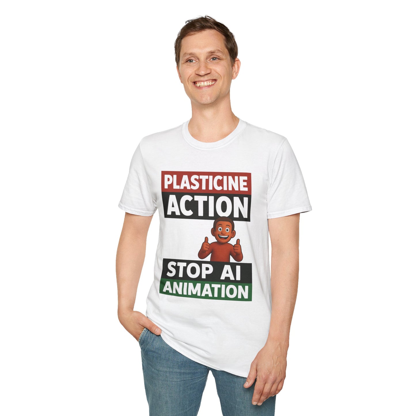 Plasticine Action Stop AI Animation, Adult, Unisex, T-Shirt, Satire Politics, Funny Tee for Creative Minds, Gift for Artists, Casual Summer Wear, Unique Graphic Top