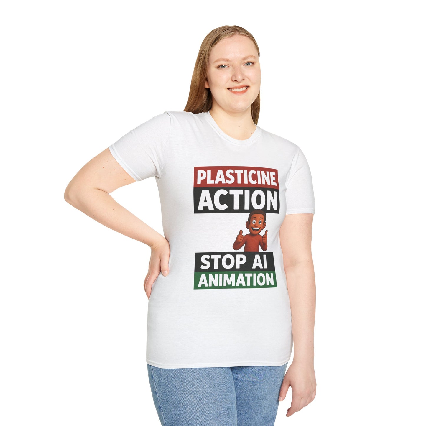 Plasticine Action Stop AI Animation, Adult, Unisex, T-Shirt, Satire Politics, Funny Tee for Creative Minds, Gift for Artists, Casual Summer Wear, Unique Graphic Top
