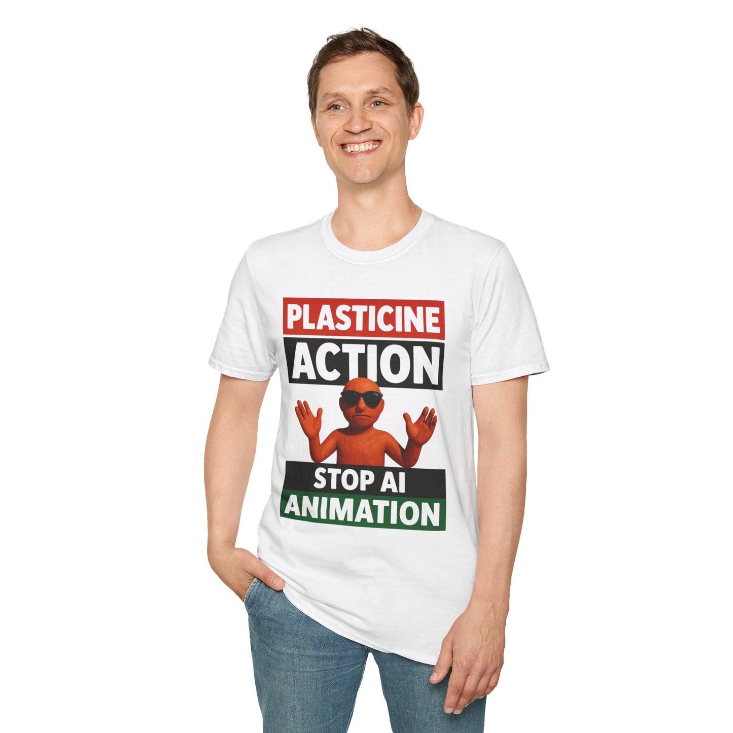 Stop AI Animation, Plasticine Action, Adult Unisex T-Shirt, Satire Politics, Funny Tee for Creative Minds, Gift for Artists, Casual Summer Wear, Unique Graphic Top