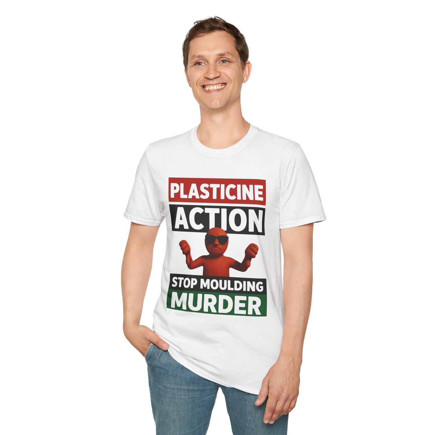 Stop Moulding Murder, Plasticine Action, Adult, Unisex, T-Shirt,, Satire Politics, Funny Tee for Creative Minds, Gift for Artists, Casual Summer Wear, Unique Graphic Top