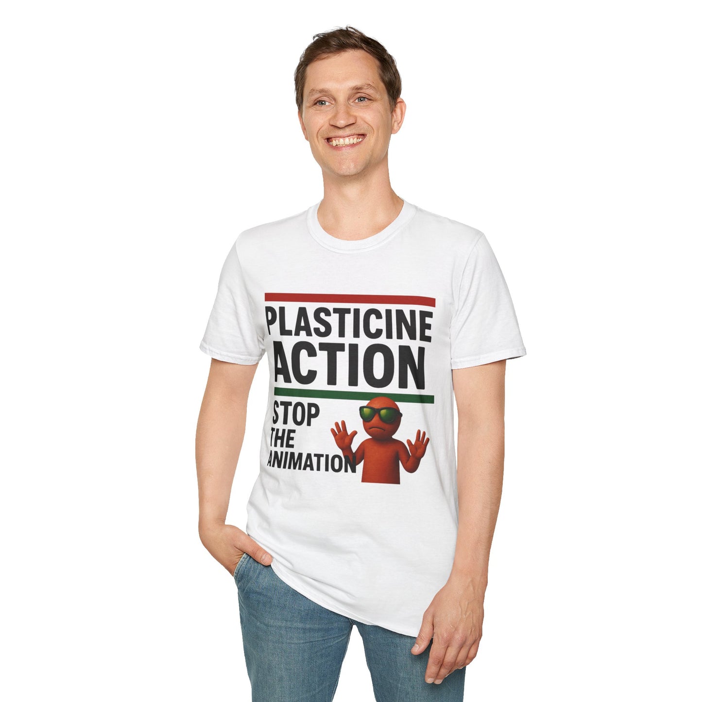 Stop The Animation, Plasticine Action, Adult Unisex T-Shirt, Satire Politics, Funny Tee for Creative Minds, Gift for Artists, Casual Summer Wear, Unique Graphic Top