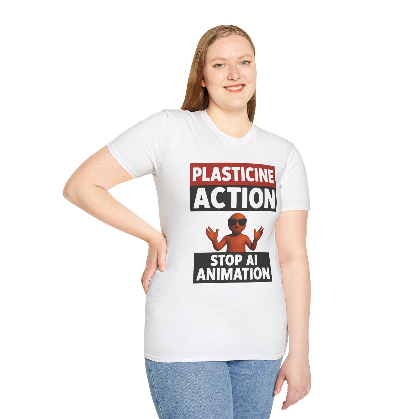 Stop AI Animation, Plasticine Action, Adult Unsex T-Shirt, Satire Politics, Funny Tee for Creative Minds, Gift for Artists, Casual Summer Wear, Unique Graphic Top