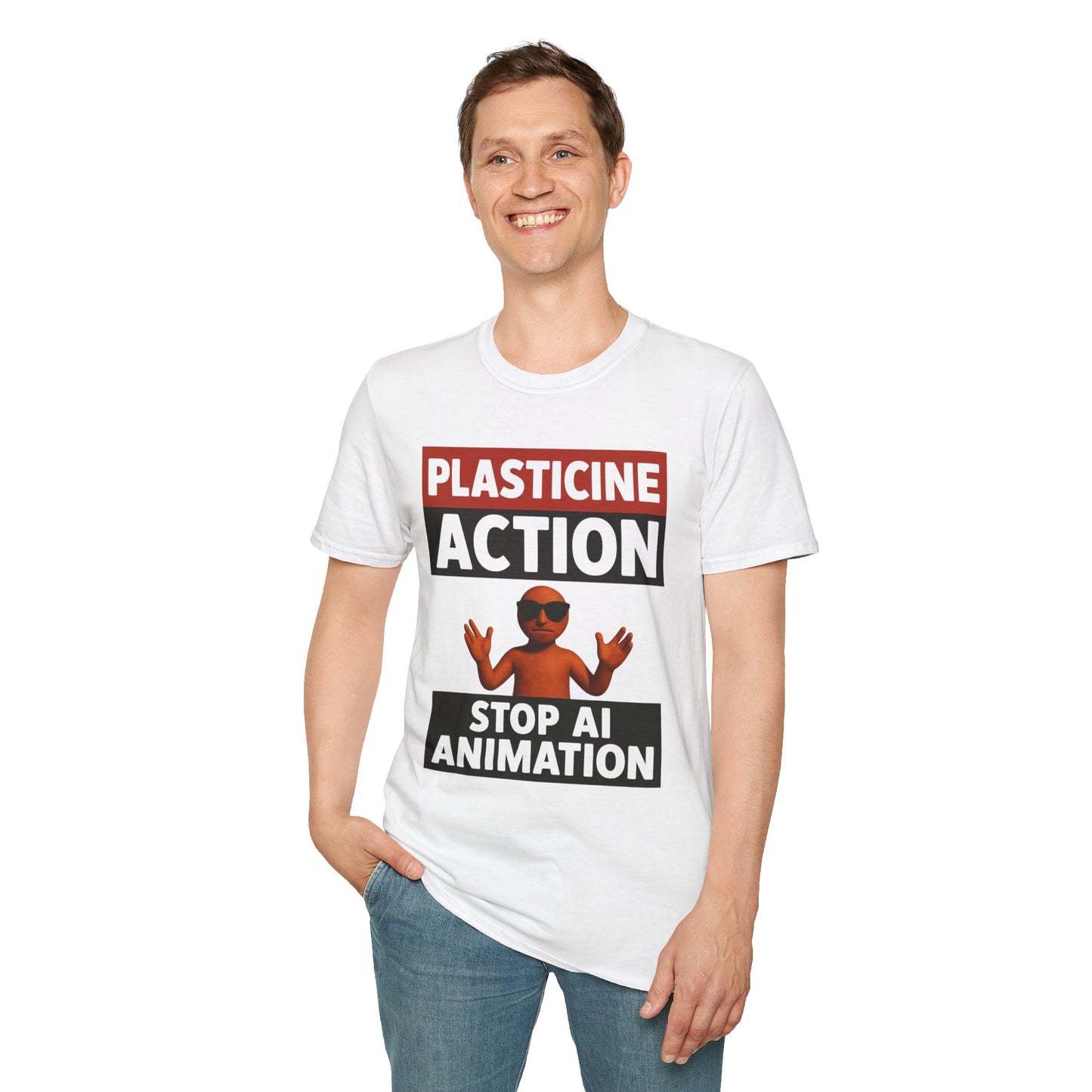 Stop AI Animation, Plasticine Action, Adult Unsex T-Shirt, Satire Politics, Funny Tee for Creative Minds, Gift for Artists, Casual Summer Wear, Unique Graphic Top