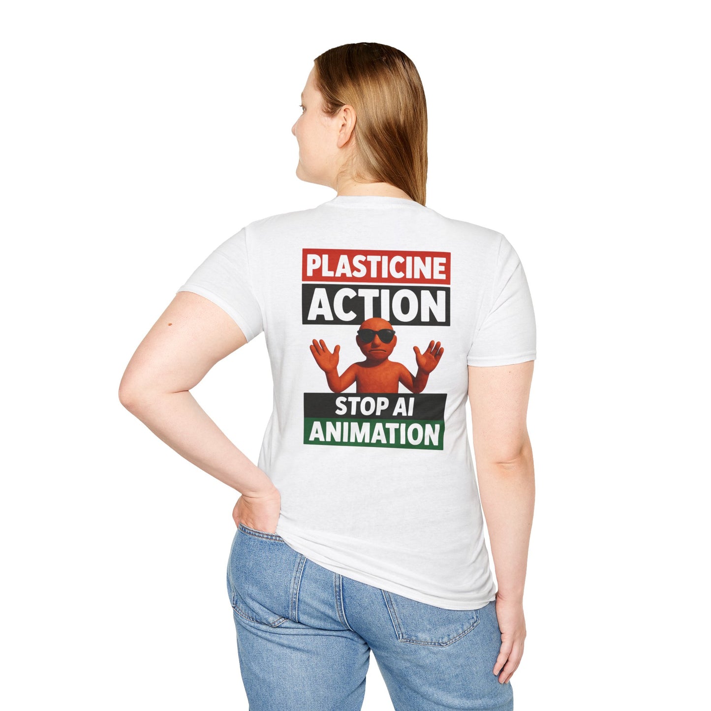 Stop AI Animation, Plasticine Action, Adult Unisex T-Shirt, Satire Politics, Funny Tee for Creative Minds, Gift for Artists, Casual Summer Wear, Unique Graphic Top
