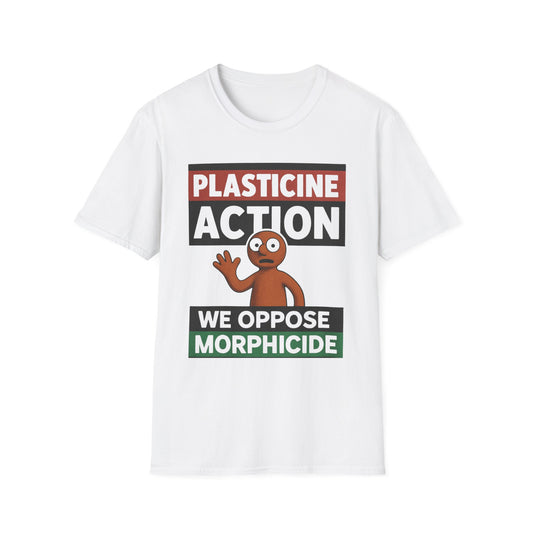 We Oppose Morphicide, Plasticine Action  Adult Unisex T-Shirt, Satire Politics, Funny Tee for Creative Minds, Gift for Artists, Casual Summer Wear, Unique Graphic Top